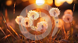 dandelions in a field at sunset