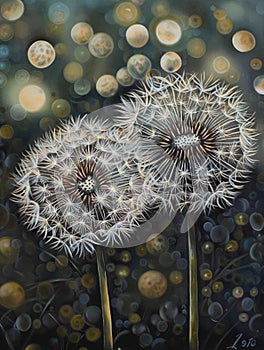 Dandelions with glowing seeds against a bokeh light background. ,Generated AI