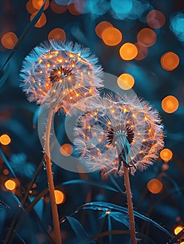 Dandelions with glowing seeds against a bokeh light background. ,Generated AI