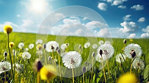 Dandelions in the grass. Beautiful bright natural image of fresh grass spring meadow with dandelions with blurred background and