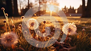 dandelions in the grass at sunset