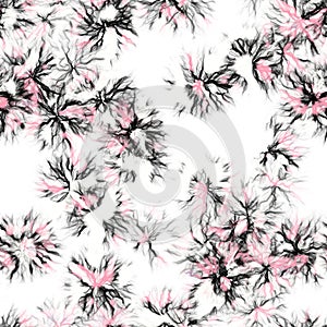 Dandelions.Handmade watercolor floral motive on white background. Black and pink colors. Seamless pattern