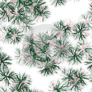 Dandelions.Handmade watercolor floral motive on white background. Green and pink colors. Seamless pattern