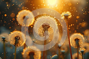 Dandelions seeds dispersing in the wind at sunset. Generative AI