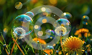 Dandelions and soap bubbles in the air closeup view, nature background