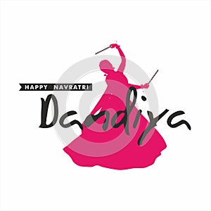Dandiya Typography - Happy Navratri Banner. Woman Silhouette of Playing Dandiya.