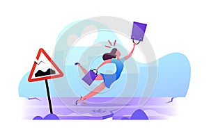 Danger Accident on Bad Road Concept. Female Character Stumble and Falling on Broken Roadside with Cracked Asphalt