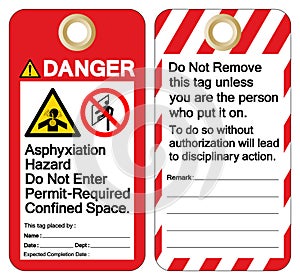 Danger Asphyxiation Hazard Do Not Enter Permit-Required Confined Space Tag Template Label Symbol Sign, Vector Illustration, Isolat photo