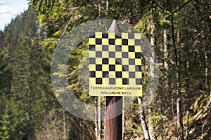 Danger - Avalanche area warning sign in Tatra mountains.