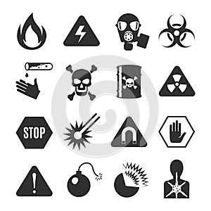 Danger black icon set, beware and warning information