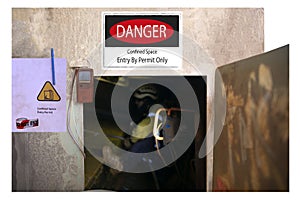 Danger confined space entry by permit only gas tester atmosphere pen and red danger tape placing on permit book
