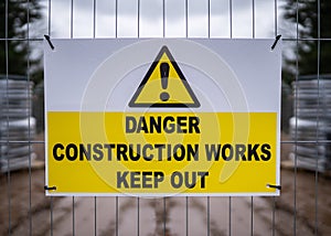 Danger construction site keep out modern clean yellow sign with triangle exclamation mark attached to metal compound fence around