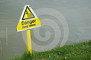 Danger deep water sign on golf course pond.