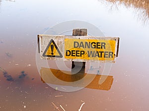Danger deep water sign water surface careful warning yellow triangle