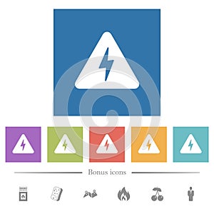 Danger electrical hazard solid flat white icons in square backgrounds