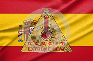 Danger extreme heat in Spain, heatwave in Spain, Flag Spain with text extreme heat, 3D work and 3D image