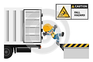 Danger of falling at different levels in loading docks. Fall hazard. Work accident prevention. Security First. Industrial safety