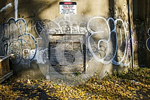 Danger graffiti on Historic  Grain Silo No 5 in Old Montreal