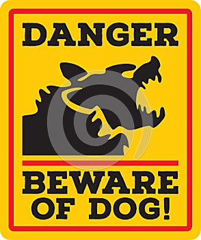 Danger. Guard dog. Beware of the dog. Sign with angry dog head.
