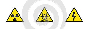 Danger, hazard, warning yellow vector signs of high voltage, biohazard, radiation