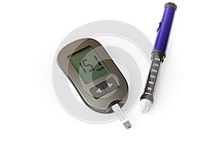 Danger of hyperglycemia, glucometer with high blood sugar and pen injector