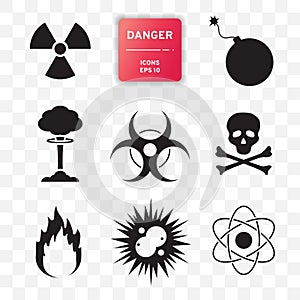 Danger icon set. Biohazard, explosion, radioactive symbol.