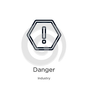 Danger icon. Thin linear danger outline icon isolated on white background from industry collection. Line vector danger sign,