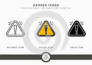 Danger icons set vector illustration with solid icon line style. Exclamation mark alert concept.