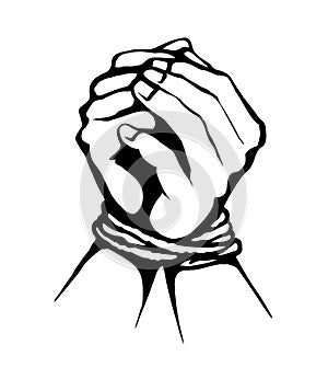 Roped bound hands. Vector drawing photo