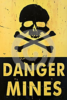 Danger mines warning sign closeup