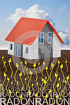 The danger of natural radon gas in our homes - concept with home icon and radon gas rising from underground