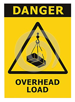 Danger, overhead load text, falling hazard risk caution warning sign, crane cargo icon signage sticker, black triangle isolated