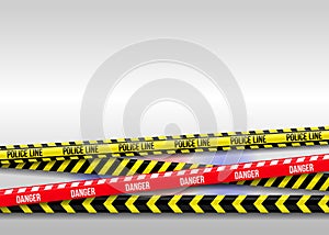 Danger police adhesive tape. Safety line. Forbidden stop construction strips. Security yellow cordon. Barrier caution