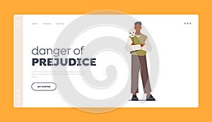 Danger Of Prejudice landing Page Template. Black Man Holding Mask. Unhappy Male Character Hypocrisy, Dishonesty