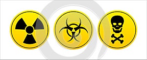 Danger Radiation Warning yellow sign. Radiation sign, toxic sign and biohazard. Warning to danger. Vector illustration.