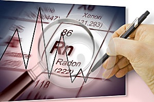 The danger of radon gas - concept image with periodic table of the elements, magnifying lens and hand drawing a chart about radon