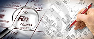 The danger of radon gas in our cities - concept image with periodic table of the elements, magnifying lens and hand drawing over a