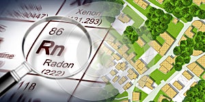 The danger of radon gas in our cities - concept with periodic table of the elements, magnifying lens and imaginary cadastral map