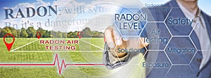 The danger of radon gas in our homes - concept image with check-up chart about radon level testing and business manager pointing