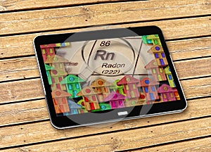 The danger of radon gas in our homes  - concept image - concept image with 3D render of a digital tablet