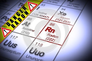 The danger of radon gas in our homes - concept image with periodic table of the elements