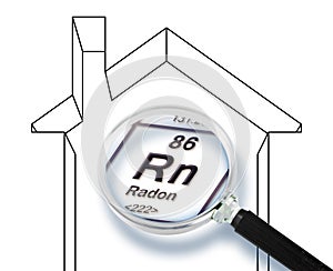 The danger of radon gas in our homes - concept image with periodic table of the elements and home silhouette seen through a