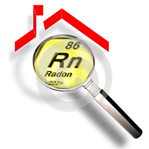 The danger of radon gas in our homes - concept image with periodic table of the elements and home silhouette seen through a