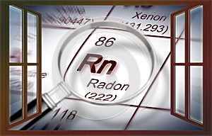 The danger of radon gas in our homes - concept image with periodic table of the elements and magnifying lens seen through a window