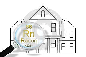 The danger of radon gas in our homes - concept with periodic table of the elements and American style residential home silhouette
