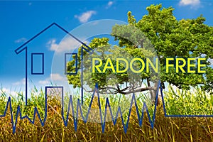 The danger of radon gas in our homes - Radon free concept image with check-up graph about radon air testing in a rural scene with