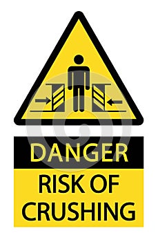 Danger, risk of crushing. Warning yellow triangle sign with person and moving machineries. Text below.