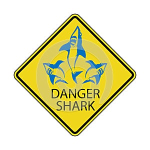 Danger Shark Zone. Beware of Sharks. Yellow Square Warning Sign. Dangerous Sea Life. Swim at Own Risk. High Risk Area