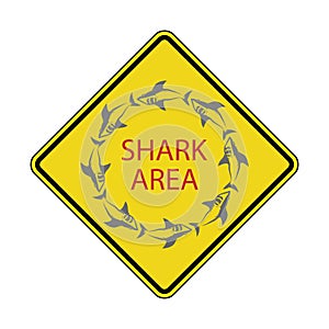 Danger Shark Zone. Beware of Sharks. Yellow Square Warning Sign. Dangerous Sea Life. Swim at Own Risk. High Risk Area