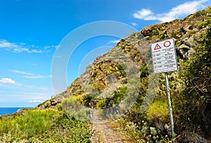 Danger sign on Filicudi path